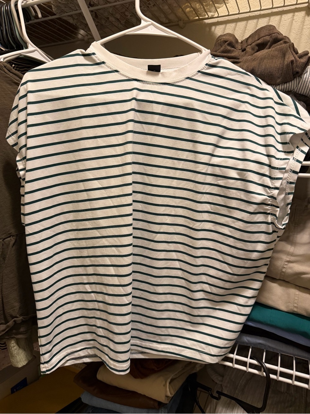 SHEIN White Tee with Dark Green Stripes